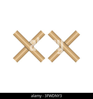 Zwei Kraft-Pennband-X-Kreuze nebeneinander, flache Streifen mit leicht glänzenden Bändern, minimales geometrisches Banddesign isoliert auf Weiß. Stock Vektor