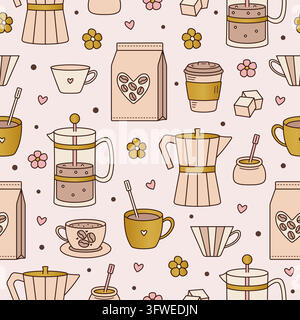 Niedliches Kaffee-Muster ohne Ende im Boho-Stil. Farbiger, gemütlicher Vektor-Endlosdruck mit Koffein-Barista-Symbolen. Dieser farbenfrohe Hintergrund ist perfekt für Cof Stock Vektor