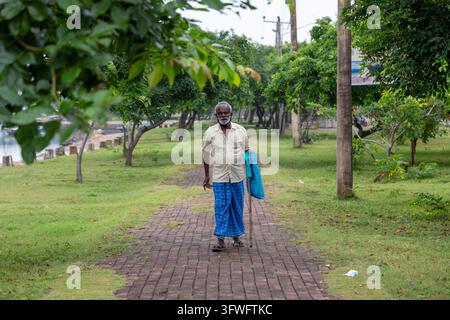 Älterer Mann geht mit einem Stock auf einem Ziegelweg in einem Park, Nordprovinz, Jaffna, Sri Lanka Stockfoto