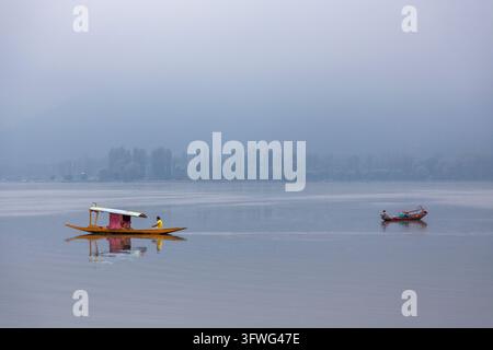 Zwei Shikara-Boote kreuzen einen nebligen See am frühen Morgen, Jammu und Kashmir, Srinagar, Indien Stockfoto