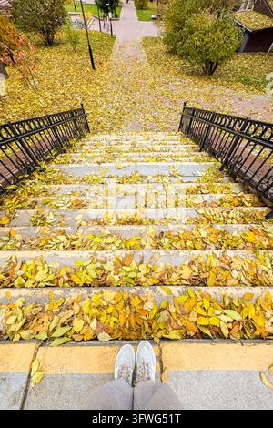 Herbstblätter bedecken steinerne Stufen, die nach oben führen. Füße halten am unteren Ende inne, bereit zum Aufstieg. Vergoldetes Laub treibt sanft über den Gehweg. Eisengeländer Stockfoto