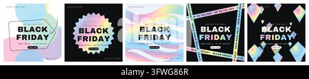 Ein Satz moderner Social-Media-Banner-Vorlagen für Black-Friday-Angebote mit holografischen Farbverläufen, geometrischen Formen. Stock Vektor