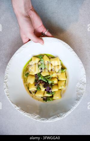 Eine Hand präsentiert einen weißen Teller mit einem sorgfältig angeordneten grünen Gemüsegericht in einer sanft beleuchteten Restaurantatmosphäre. Stockfoto