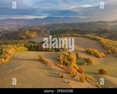 Luftaufnahme der ländlichen Landschaft von Ponicka Lehotka mit sanften Hügeln, farbenfrohen Herbstwäldern, Feldern und einem Feldweg in Banska Bystrica, Banskob Stockfoto