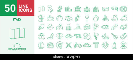 Italien Kultur Linien-Symbol-Set mit traditionellem Essen, Sehenswürdigkeiten und Symbolen, 50 bearbeitbare Strich-Vektor-Icons Stock Vektor