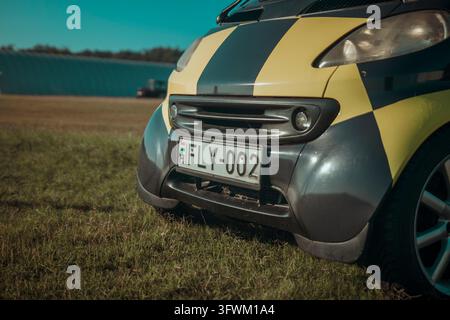 Ungarn, Gödöllő 2020 09 05: Eine Nahaufnahme aus niedriger Winkel der Vorderseite eines kleinen gelb-schwarz gemusterten Autos, das auf einem grünen Grasfeld unter Tageslicht geparkt ist Stockfoto