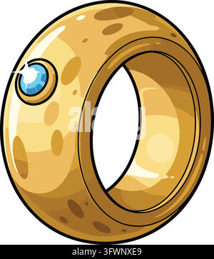 Glänzender goldener Ring mit blauem Diamanten, detaillierte Illustration für Spielelemente und Schmuckdesigns. Stock Vektor