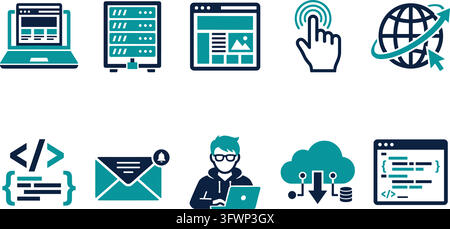 Satz von Webentwicklung- und Programmier-Icons mit Geschäfts- und IT-Konzept-Vektorillustration. Stock Vektor