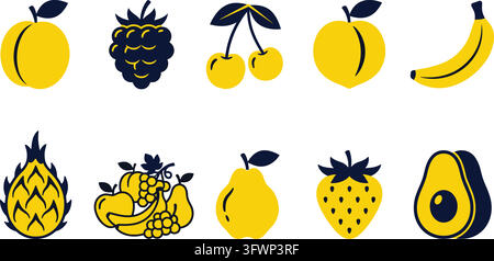 Gelbes und dunkelblaues Obst-Symbolset mit stilisierten Beeren und exotischen tropischen Lebensmitteln. Stock Vektor