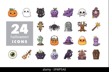Niedliches kawaii-Halloween-Symbol-Vektorset mit Kürbissen, Geistern, Fledermäusen, Hexe und Monstern. Cartoon-gruselige Clipartsammlung für Herbstferien und Partys Stock Vektor