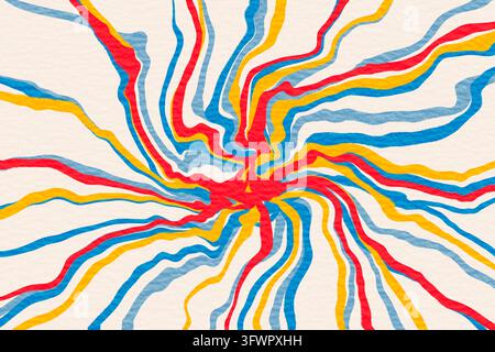 Lebendiges flüssiges Marmor-Design mit roten, blauen, gelben und grauen wirbelnden Linien, die vom Zentrum auf einem weißen Hintergrund ausstrahlen und ein psychedelisches a erzeugen Stockfoto