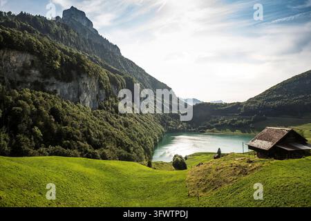 See- und Bergpanorama, Seeli, Seelisberg, Vierwaldstättersee, Kanton Uri, Schweiz Stockfoto