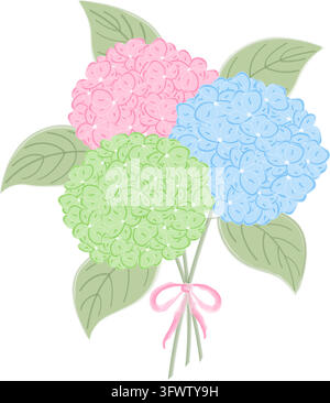Pastellrosa-blau-grünes Hortensienbouquet mit Blättern und Schleifenband im Aquarellstil Clipart. Handgezeichneter Vektor im Aquarellstil für Hochzeitseinladungen, Grußkarten und Blumenbriefpapier. Stock Vektor