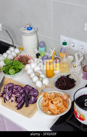 In einer Hausküche zu Ostern sind Eier und Pflanzenfarbstoffe auf der Arbeitsplatte arrangiert, um Eier mit Kurkuma, Hibiskus, Rotkohl, Spinat, Zwiebel zu färben Stockfoto