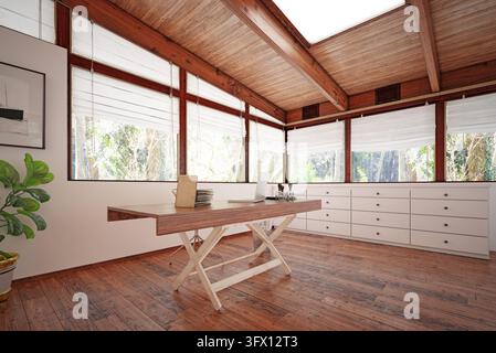 3D-Darstellung eines hellen Heimbüros mit einem Holzschreibtisch, Laptop, weißen Schubladen und großen Fenstern mit Jalousien. Stockfoto