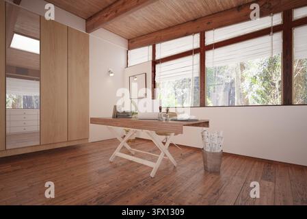 3D-Darstellung eines Heimbüros mit einem Holzschreibtisch, Laptop, großen Fenstern mit Jalousien, Holzböden und einem Spiegelschrank. Stockfoto