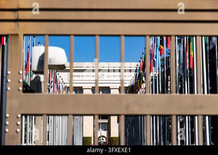 Geschützter Eingang zum Palais des Nations oder Palast der Nationen, Sitz der Vereinten Nationen in Genf Stockfoto