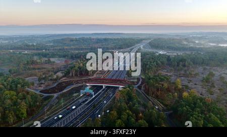 Luftbilddrohnenaufnahme einer Heidelandbrücke über die A3 nahe der M25-Anschlussstelle 10 in Wisley, Surrey, England Stockfoto