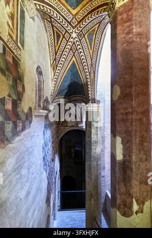 Spätmittelalterliches bemaltes Gewölbe mit geometrischen Mustern umrahmt einen gewölbten Durchgang im Palazzo Trinci, Foligno, Umbrien, Italien. Stockfoto