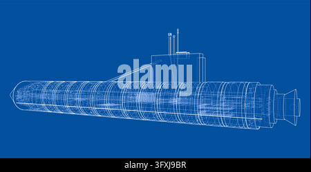 U-Boot-Drahtgitter-Blueprint-Illustration. Vektor Stock Vektor