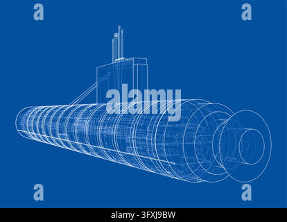 U-Boot-Drahtgitter-Blueprint-Illustration. Vektor Stock Vektor