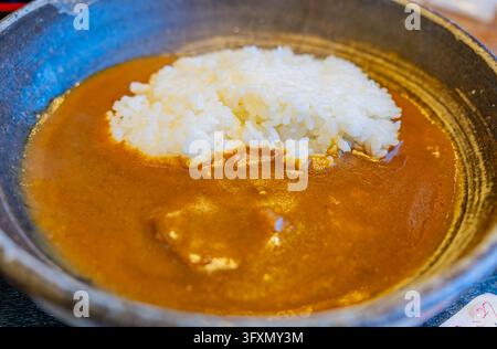 Eine Nahaufnahme einer Keramikschüssel gefüllt mit brauner Currysauce und einem Hügel weißen Reises. Stockfoto