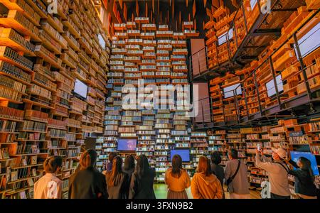 Tokio, Japan, 22. NOV 2024 - Eine Gruppe von Menschen steht in einem großen Raum und schaut hinauf zu einer massiven, mehrstöckigen Wand aus Büchern, die in einer kaskadierenden Anordnung angeordnet sind Stockfoto