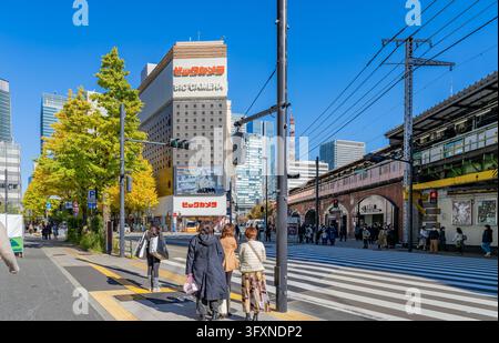 Tokio, Japan, 22. NOV 2024 – Menschen warten an einem Zebrastreifen in der Nähe der historischen Ziegelfassade des Tokyo Station und eines großen Bic Camera-Gebäudes unter einem klaren Stockfoto