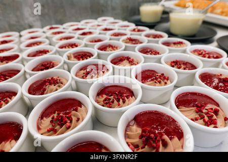 Portionierte Schokoladenmousse-Desserts mit Himbeersauce auf einem Hotelbuffet Stockfoto