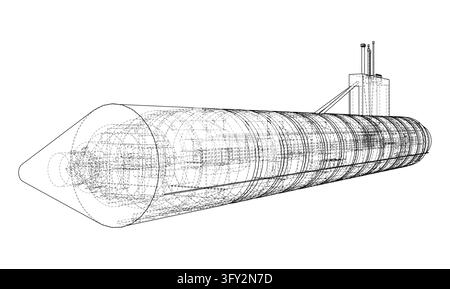 Drahtgitter-Modell-U-Boot-Technikillustration. Vektor Stock Vektor