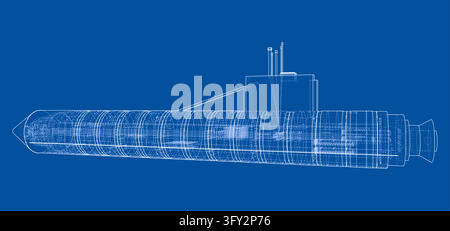 U-Boot-Drahtgitter-Blueprint-Illustration. Vektor Stock Vektor