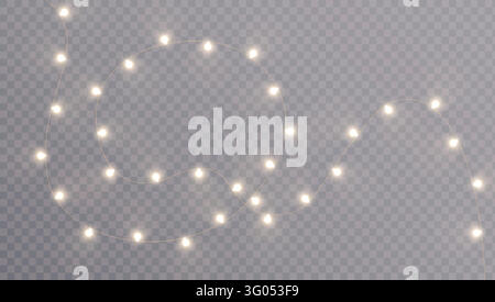 Weihnachtslichter. Goldene Lichterkette mit warm leuchtenden Glühbirnen. Elegante festliche Dekoration auf transparentem Hintergrund für Weihnachtskarten, Banner und Stock Vektor