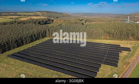Macallan Estate das große bodengestützte Solarpanel-Array und das Biomassewerk nahe Craigellachie Moray Schottland im Herbst Stockfoto