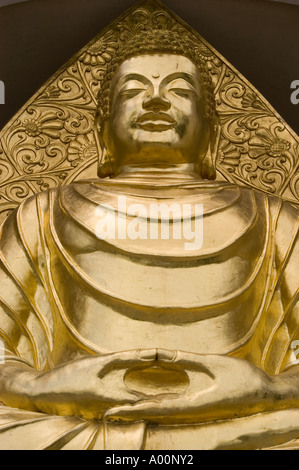 Goldene Buddha-Statue, die in Bodh Gaya meditiert, mit komplizierten Schnitzereien und einem ruhigen Ausdruck. Symbolisch für Aufklärung und Frieden. Stockfoto