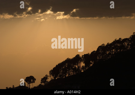 Malerische Silhouette des Sonnenuntergangs über einem Himalaya-Wald in Indien mit goldenen Wolken und einem dramatischen Bergrücken in der Abenddämmerung. Stockfoto