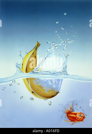 Banane Spritzwasser in Wasser mit Goldfischen Stockfoto