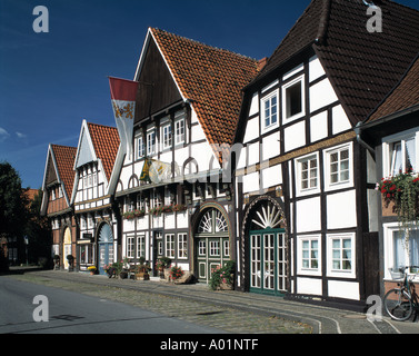 Fachwerkhaeuser in der langen Straße, Ackerbuergerhaeuser Im Ortsteil Wiedenbrueck, Rheda-Wiedenbrueck, Ostwestfalen, Nordrhein-Westfalen Stockfoto