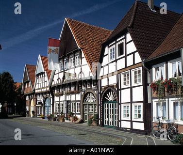 Fachwerkhaeuser in der langen Straße, Ackerbuergerhaeuser Im Ortsteil Wiedenbrueck, Rheda-Wiedenbrueck, Ostwestfalen, Nordrhein-Westfalen Stockfoto