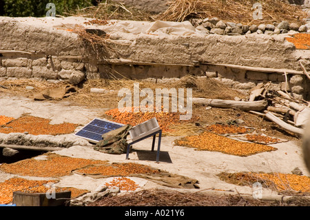 Traditionelle Aprikosentrocknung auf einem Hausdach mit Solarzellen-Kits im Dorf DHA Hanu, Ladakh, Kaschmir, Indien. Stockfoto