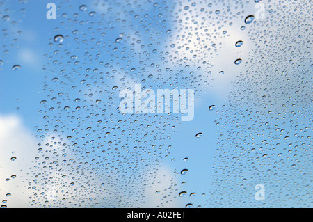 Wassertropfen auf Glas mit blauem Himmel im Hintergrund. Stockfoto