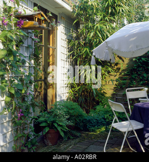 Ecke der Terrasse mit Clematis Bambus und Sitzgelegenheiten mit weißem Schirm Stockfoto