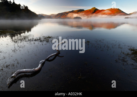 Gefrorene Log und Nebel auf Derwentwater mit Blick auf Catbells Seenplatte Cumbria UK Stockfoto