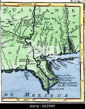 Louisiana 1744, die Münder der Mississippi River während der Teil der neuen Frankreich. Hand - farbige Holzschnitt Stockfoto