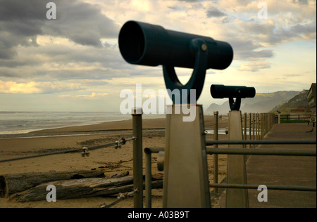 Schmierblutungen oder Bereiche für Touristen am Strand entlang der kalifornischen Küste mit nebligen Bergen und Himmel im Hintergrund zu beobachten. Stockfoto