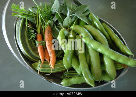 EINE AUSWAHL AN FRISCHEM GEMÜSE UND KRÄUTERN IN EINEN METALLKORB UK Stockfoto