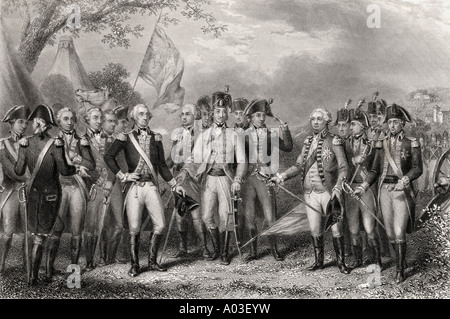 Die Briten unter dem Kommando von General Charles Cornwallis geben ihre Waffen an General Washington aus dem Jahr 171 ab. Stockfoto