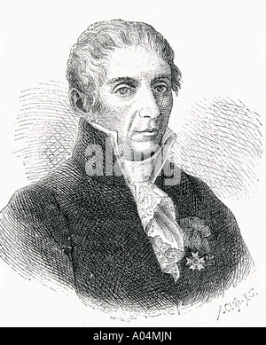 Alessandro Giuseppe Antonio Anastasio Volta, 1745 - 181. Italienischer Physiker, der die elektrische Batterie entwickelt hat. Eingraviert von Adolf Closs, von 1840 bis 1894. Stockfoto