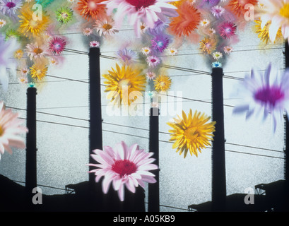 Konzeptbild von Blumen blühen auf Schornsteine für Ökologie und Verschmutzung Stockfoto