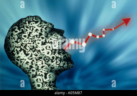 Computergenerierte Imageof Kopf eines Mannes Zahlen ein Zick-Zack Richtungspfeil ragen aus den Mund aus und Stockfoto