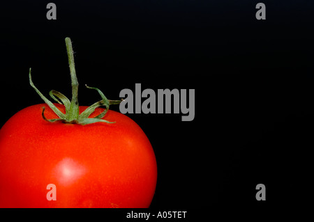 rote Tomate auf schwarzem Hintergrund Stockfoto